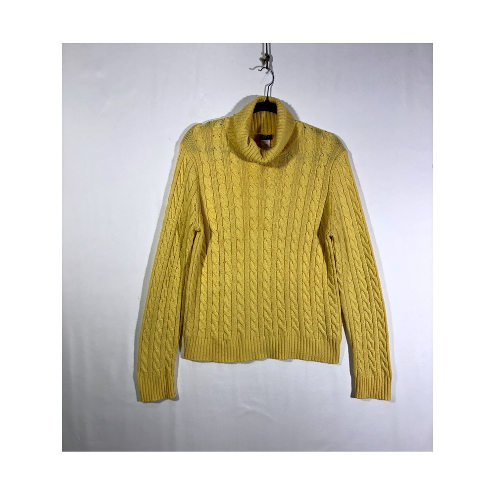 Classic Preppy Academic J.Crew Cable Knit Turtleneck Sweater Womens Large Yellow